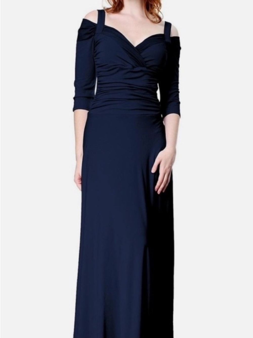 Evanese Elegant Cold-Shoulder Maxi Dress M Ruched Navy Blue Formal Evening Gown